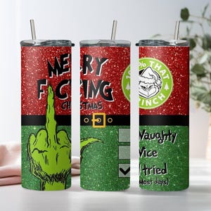 Merry F.cking Christmas Skinny Tumbler, Faux Glitter Grinch 20oz Slim Tumbler, Skinny Tumbler with Straw & Lid, Grinch Faux Glitter Tumbler