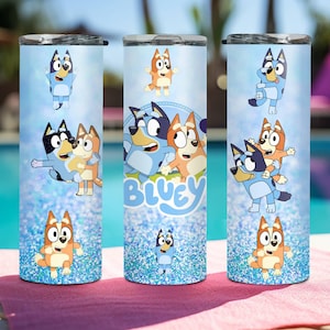 Faux Glitter Bluey Tumbler, Bluey and Bingo, Skinny Tumbler Cup with Straw & Lid, 20oz Stainless Steel Tumbler, Heeler Family Tumbler