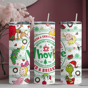 Whoville Bed and Breakfast Tumbler, 20oz Skinny Tumbler Cup with Straw & Lid, Grinch Christmas Tumbler, Christmas Gift, Grinch Slim Tumbler