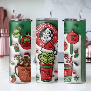 Grinchmas Skinny Tumbler, Christmas Coffee 20oz Slim Tumbler, Skinny Tumbler Cup with Straw & Lid, Grinch Xmas Sublimated Skinny Tumbler