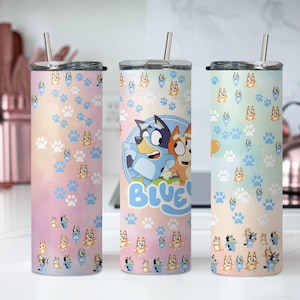 Cute Bluey Tumbler, Bluey Sublimated Drinkware, Skinny Tumbler Cup with Straw & Lid, 20oz Stainless Steel Tumbler, Bluey Family Gift Tumbler