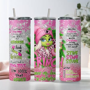 Pinky Grinch Girl Tumbler, Faux Glitter Grinch Tumbler, Skinny Tumbler Cup with Straw & Lid, 20oz Steel Tumbler, Grinch Christmas Gift