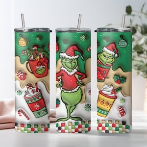 Grinch 20oz Skinny Tumbler, Sublimated Drinkware, Skinny Tumbler Cup with Straw & Lid, 20oz Steel Skinny Tumbler, Christmas Gift Tumblers