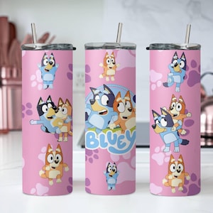 Bluey Skinny Tumbler, Bluey and Bingo, Skinny Tumbler Cup with Straw & Lid, 20oz Stainless Steel Tumbler, Cute Bluey Sublimated Drinkware