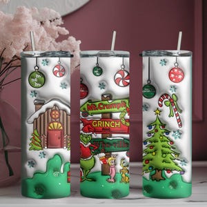 Grinch Christmas Skinny Tumbler, Christmas Gift Tumbler, Stainless Steel Skinny Tumbler Cup with Straw & Lid, Grinch Xmas Sublimated Tumbler