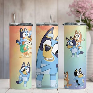 Funny Bluey And Bingo Tumbler, Skinny Tumbler Cup with Straw & Lid, 20oz Stainless Steel Tumbler, Bluey Family Tumbler, Bluey Sublimated Cup
