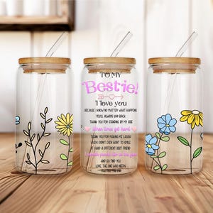 Bestie Glass Tumbler with Lid and Straw, Cute Floral Gift for Best Friend, To My Bestie Friendship Quote Glass , Birthday Gift for BFF
