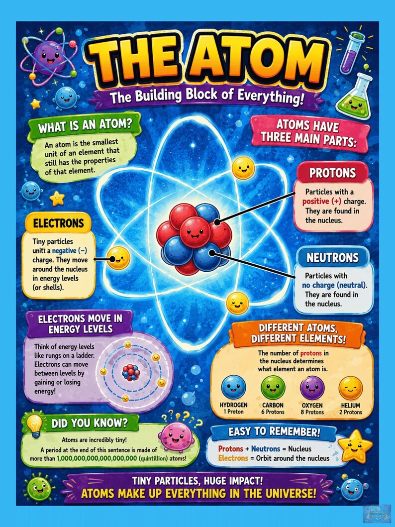 May include: An educational poster titled THE ATOM: The Building Block of Everything! featuring a central atomic model with red and blue spheres, surrounded by informative text boxes, colorful cartoon characters, and scientific diagrams explaining protons, neutrons, and electrons.