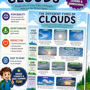 May include: An educational poster titled The Different Types of Clouds, featuring ten cloud categories organised by altitude. It includes illustrations and descriptions for cirrus, cirrostratus, cirrocumulus, altostratus, altocumulus, stratus, stratocumulus, nimbostratus, cumulus, and cumulonimbus clouds, with a cartoon student in the corner.