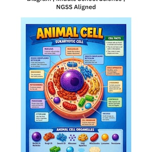 May include: An educational poster depicting an animal cell diagram, suitable for middle school science. The poster, titled "Animal Cell", shows a detailed illustration of the cell's organelles, including the nucleus, ribosomes, and mitochondria, with labels.
