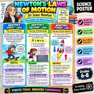 May include: A colorful educational science poster titled Newton's Laws of Motion featuring Sir Isaac Newton, illustrations of a skateboarder, a person pushing a box, and a rocket, with detailed text explaining the three laws and real-world examples.