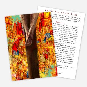 May include: An artistic print featuring a depiction of Jesus' feet on the cross, with a colorful, stained-glass style background. A printed page with text titled "At the Foot of the Cross" is visible. The artwork is rich in color and detail.