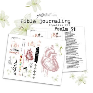 Może przedstawiać: Zestaw do prowadzenia dziennika biblijnego do wydrukowania z tekstem "Psalm 51" i ilustracją serca. Zestaw zawiera różne obrazy i elementy tekstowe do wykorzystania w dzienniku.