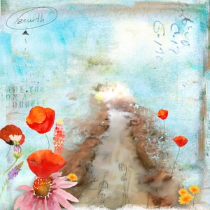 May include: A watercolor painting of a path leading to a bright light. The path is lined with red poppies and other wildflowers. The background is a light blue with the word "Zenith" written in a circle at the top.