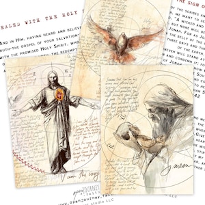 May include: Religious art prints featuring sketches of Jesus, a dove, and an elderly man holding a baby. The prints have handwritten script and geometric designs. The text includes "Sealed with the Holy Spirit" and "I am the way".