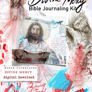 Puede incluir: Kit de diario bíblico de descarga digital con un collage de imágenes que presentan a Jesús, una cita sobre la misericordia divina y salpicaduras de pintura coloridas. El texto "Divine Mercy Bible Journaling Kit" aparece en la imagen.