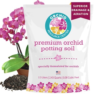 May include: A bag of premium orchid potting soil with the text "ORCHID RESOURCE CENTER" and "premium orchid potting soil". The bag is white with a pink, yellow, and purple floral design. A potted orchid with pink flowers is to the left.