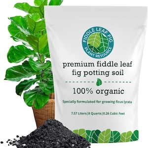 May include: A bag of premium fiddle leaf fig potting soil, 100% organic, specially formulated for growing ficus lyrata. The bag is white with green and blue accents and the text "Fiddle Leaf Fig Plant Resource". A fiddle leaf fig plant is in the background.