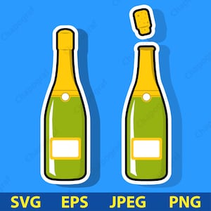 Champagne Bottle Svg, Sparkling Wine Clipart, Open Closed Bottle Vector, New Year Svg, Wedding Art, Party, Celebration Drink Png