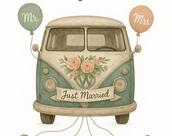 May include: A watercolour illustration featuring a teal and cream vintage van adorned with flowers and a "Just Married" banner. Balloons read "Mr." and "Mrs." The names "Sarah & Domenik" and the date "25. August 2025" are at the top. Origami hearts are at the bottom.