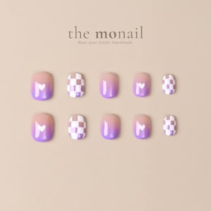 Handpainted Purple White Press On Nails/ Heart & Checker Pattern/ Handmade Short Reusable False Nails/ Cute Summer Nail/ No Charm Clean Look