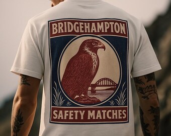 Vintage Bridgehampton Matches T-Shirt | Red Hawk Design | Retro Matchbox Graphic Tee | Hamptons Summer Style | Heritage Ad Luxe Tee