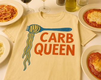 CARB QUEEN T-Shirt | Boxy Fit Pasta Graphic Tee | Hand-Painted Look Foodie Shirt for Women | Funny Italian Food Lover Gift