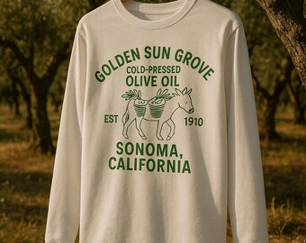 Golden Sun Grove Long Sleeve Tee, Vintage Sonoma Olive Oil Graphic Shirt, Boxy Wear, California Ranch Aesthetic, Heritage Unisex Shirt