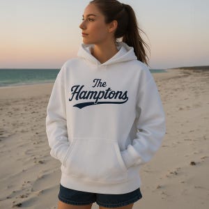 THE HAMPTONS Embroidered Hoodie | Retro Cursive Sweatshirt | Luxe Preppy Beach Style | Summer Americana Pullover | Hamptons Gift