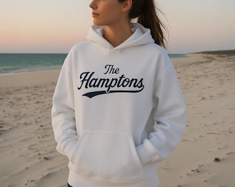 THE HAMPTONS Embroidered Hoodie | Retro Cursive Sweatshirt | Luxe Preppy Beach Style | Summer Americana Pullover | Hamptons Gift