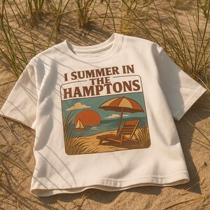 Hamptons Boxy Tee | Retro Coastal T-Shirt for Women | I Summer in the Hamptons Vintage Beach Graphic | Preppy Summer Top