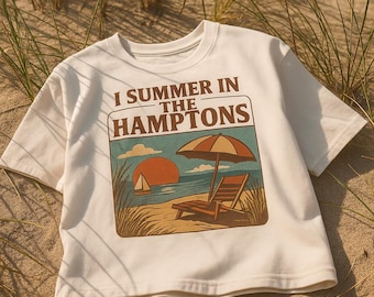 Hamptons Boxy Tee | Retro Coastal T-Shirt for Women | I Summer in the Hamptons Vintage Beach Graphic | Preppy Summer Top