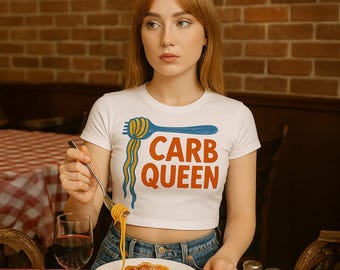 CARB QUEEN Baby Tee | Spaghetti Lover Crop Top | Funny Shirt for Foodies | Italian Pasta Party Shirt | Vintage-Inspired Pasta Tee