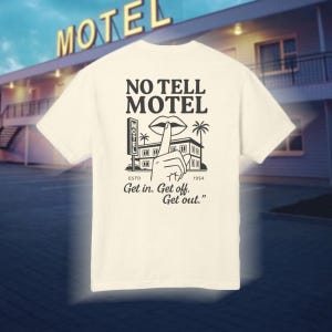 No Tell Motel T-Shirt, Funny Retro Graphic Tee, Vintage Motel Sign Shirt, Novelty Hotel Tee, Unisex Heritage Ad Shirt