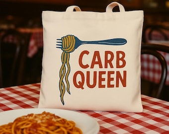 CARB QUEEN Canvas Tote Bag | Funny Pasta Lover Gift | Italian Food Vibes | Foodie Grocery Bag | Spaghetti Lover Bag | Foodie Gift for Her