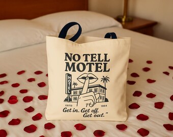 No Tell Motel Tote Bag, Retro Hotel Merch Design, Funny Vintage Motel Graphic, Cream Canvas Bag with Black Handles, Bachelorette Fun Tote