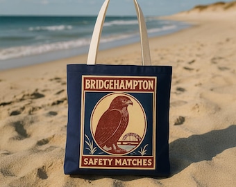 Bridgehampton Matches Tote Bag | Vintage Matchbook-Style Hamptons Beach Bag | Retro Red-Tailed Hawk Canvas Tote | Heritage Canvas Bag