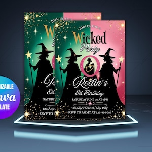 Wicked Birthday Party Invitation, Wicked party invitation, WICKED inspired Movie ticket, Elphaba & Glinda Theme, Movie party, Canva Editable