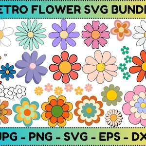 Retro Flowers Svg, Flower Clipart, Daisy Flower Cut File,Boho Flower Svg,Flower Svg Bundle,Floral Png, Svg Files For Cricut,Instant Download
