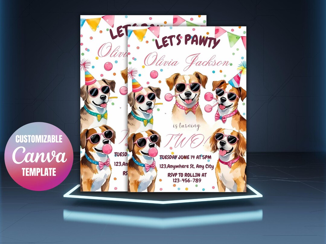 Editable Pink Girl Dog Birthday Invitation, Puppy Party Invite, Lets ...