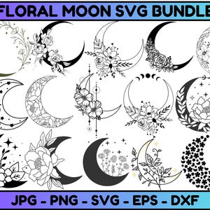 Floral Mond SVG-Bundle, Floral Mond Clipart, Mond Blume SVG-Schnittdateien, mystische Mond SVG, Wildblumen SVG, Boho SVG-Dateien für Cricut