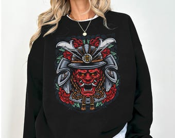Samurai Oni Mask Sweatshirt Japanese Demon Art Crewneck | Warrior Streetwear Unisex Pullover
