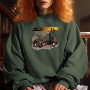 HalloweenTown Sweatshirt, Spooky Vintage Halloween Crewneck, Cozy Fall Pullover, Haunted Village Print, Aesthetic Halloween Sweater