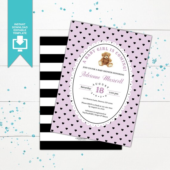 templett instant download It/'s a girl HEARTS Baby Girl Shower Invitation Template Printable Baby Shower Invite Template