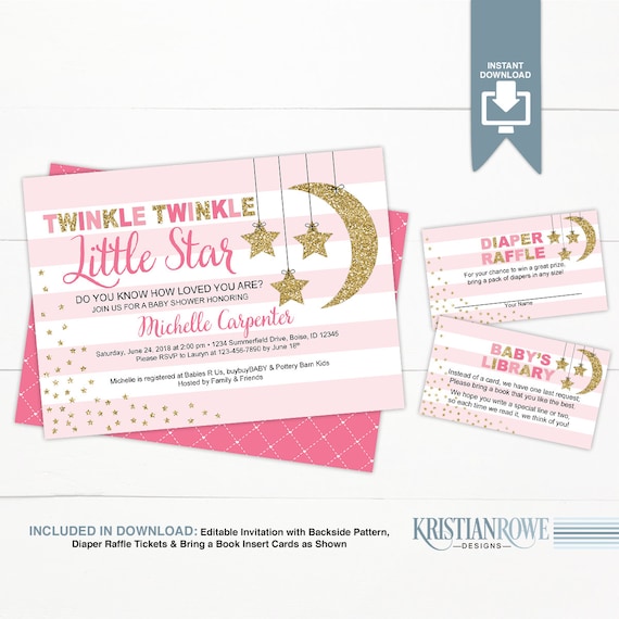 Girl Baby Shower Invitation Template Pink Gold Twinkle Twinkle