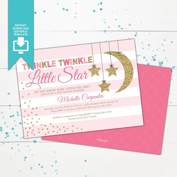twinkle twinkle little star baby shower invite, girl baby shower invitation template, pink gold baby shower invitation printable PDF D10710 Il_570xn