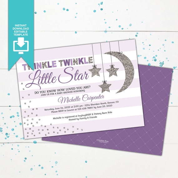 twinkle twinkle little star baby shower invitation, girl baby shower invite template, purple girl baby shower invitation editable PDF D10710 Il_570xn