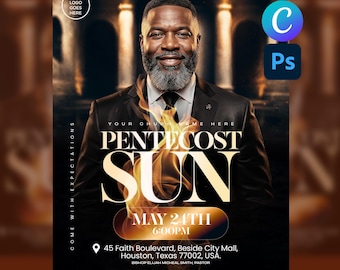 May include: A promotional graphic featuring a man in a suit with the text "Pentecost Sun" and event details. The image includes the date, time, and location of the event. The background has a warm, golden glow.
