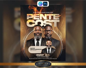 May include: A digital flyer for a Pentecost event featuring the text PENTECOST in large gold letters, images of two men in black suits, and a smaller inset photo of Pastor Gideon Anderson. The background displays golden flames and event details.