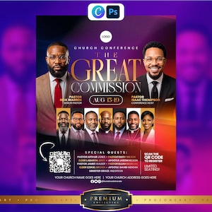 以下が含まれることがあります： 「The Great Commission」と題された教会カンファレンスのチラシ。メインスピーカーであるリック・ウォーレン牧師とアイザック・トンプソン牧師のポートレート、8月15日から19日までの日程、特別ゲストのリスト、登録用QRコード、およびプレースホルダーテキストが記載されています。